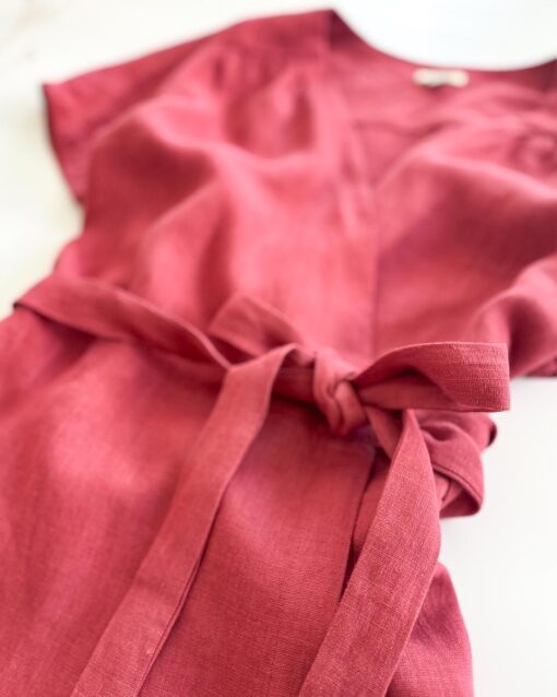 Sofortkauf: knielanges Damen Wickelkleid aus Leinen in Himbeere, Gr. M (38/40) – Bild 3