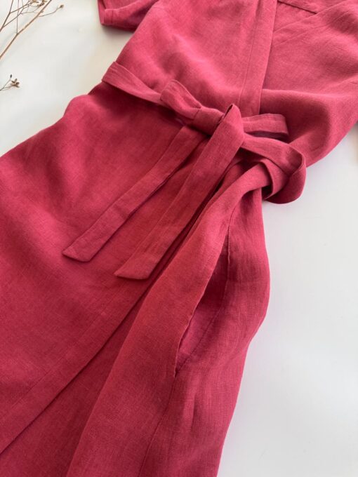 Sofortkauf: knielanges Damen Wickelkleid aus Leinen in Himbeere, Gr. M (38/40) – Bild 2