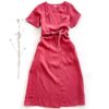 Sofortkauf: bodenlanges Damen Wickelkleid aus Leinen in Himbeere, Gr. S (34/36)