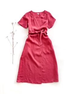 Sofortkauf: bodenlanges Damen Wickelkleid aus Leinen in Himbeere, Gr. S (34/36)