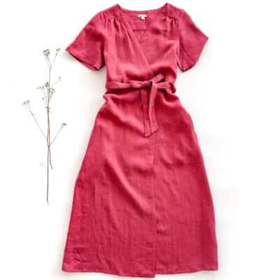 Sofortkauf: bodenlanges Damen Wickelkleid aus Leinen in Himbeere, Gr. S (34/36)