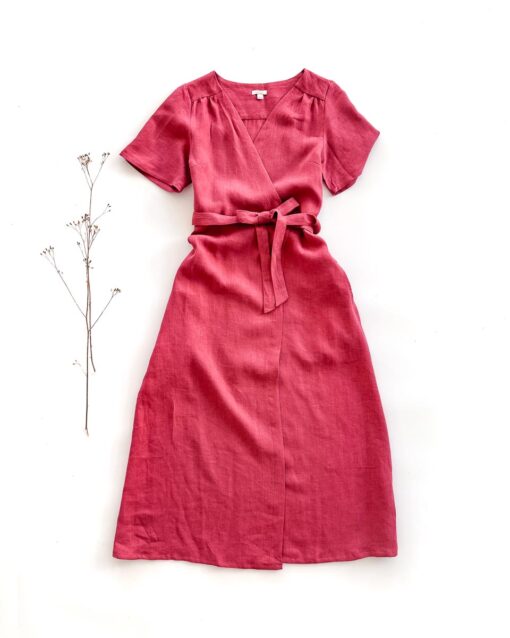 Sofortkauf: bodenlanges Damen Wickelkleid aus Leinen in Himbeere, Gr. S (34/36)