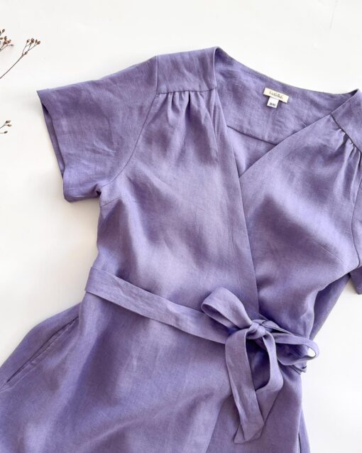 Sofortkauf: knielanges Damen Wickelkleid aus Leinen in Lavendel, Gr. L (42/44) – Bild 4