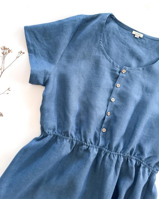 Sofortkauf: Damen Leinenkleid mit Knopfleiste in Jeansblau, Gr. XL (46/48) – Bild 2