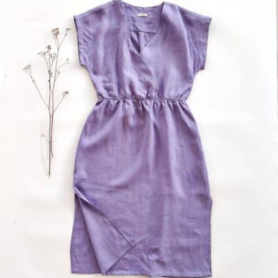 Sofortkauf: Damen Leinenkleid mit Wickeloptik in Lavendel, Gr. M (38/40)