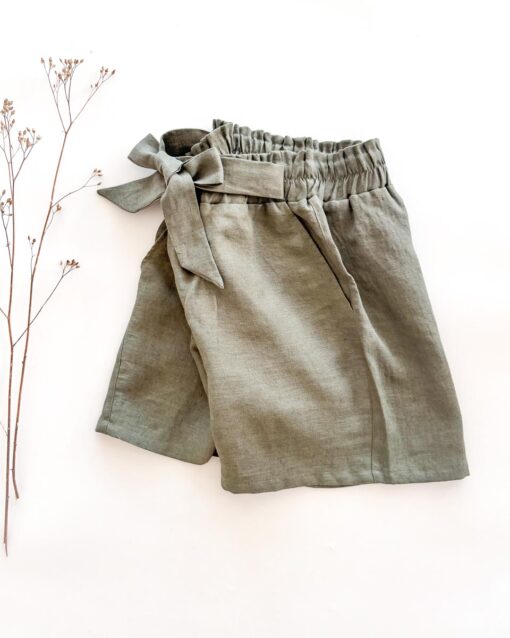 Sofortkauf: Damen Leinen Paperbag Shorts mit Schleife in Olive, Gr. 34/36 – Bild 4