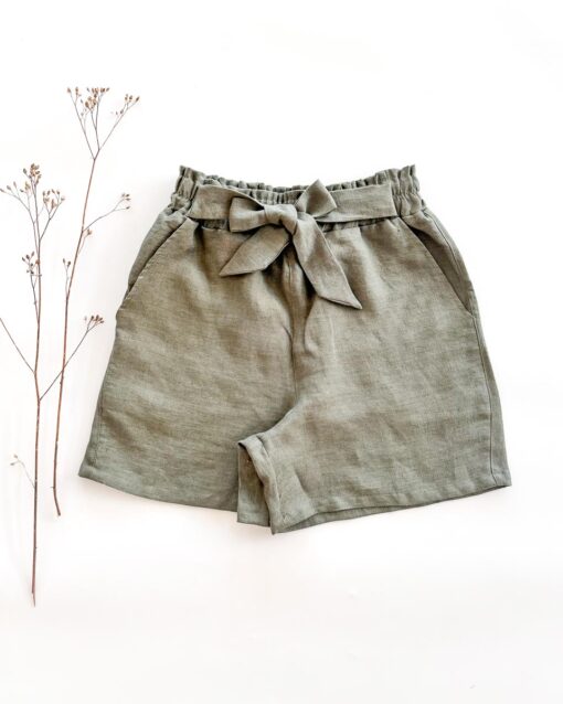 Sofortkauf: Damen Leinen Paperbag Shorts mit Schleife in Olive, Gr. 34/36 – Bild 3