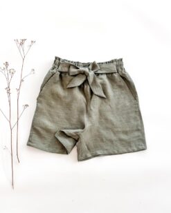 Sofortkauf: Damen Leinen Paperbag Shorts mit Schleife in Olive, Gr. 34/36