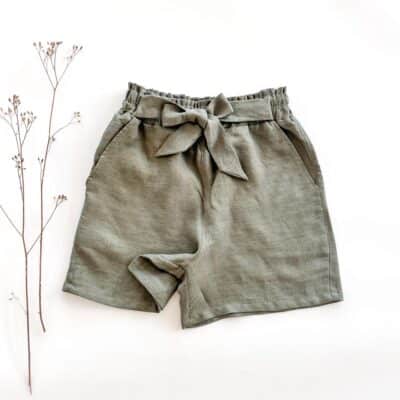 Sofortkauf: Damen Leinen Paperbag Shorts mit Schleife in Olive, Gr. 34/36