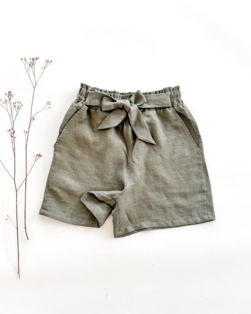 Sofortkauf: Damen Leinen Paperbag Shorts mit Schleife in Olive, Gr. 34/36