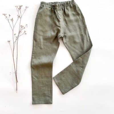 Sofortkauf: Leinenhose in Olive mit Knopfleiste, Gr. 134/140