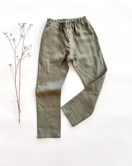 Sofortkauf: Leinenhose in Olive mit Knopfleiste, Gr. 134/140