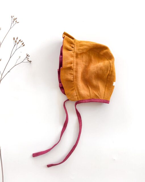 Sofortkauf: Leinen Baby Bonnet in Himbeere/Senf, Gr. 44-46 – Bild 3