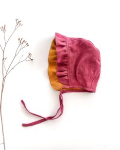 Sofortkauf: Leinen Baby Bonnet in Himbeere/Senf, Gr. 44-46