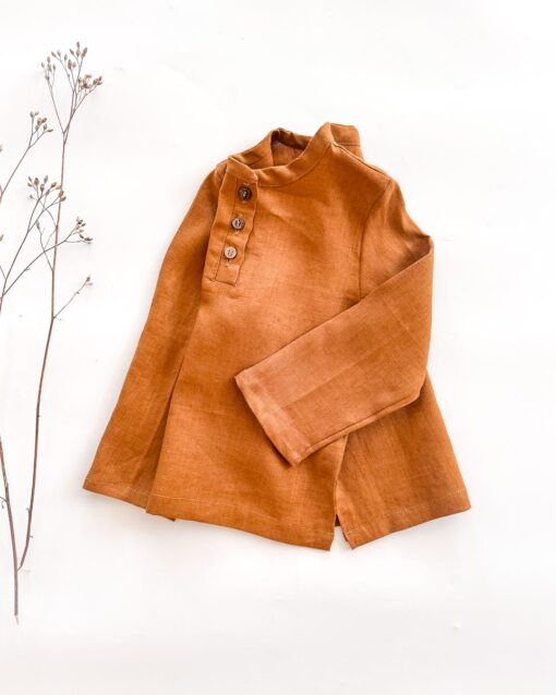 Sofortkauf: langarm Leinenshirt mit Knopfleiste in Zimt, Gr. 110/116 – Bild 2