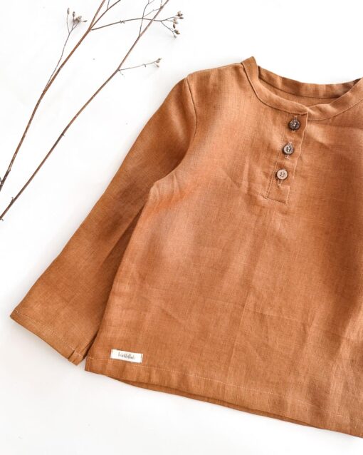 Sofortkauf: langarm Leinenshirt mit Knopfleiste in Zimt, Gr. 110/116 – Bild 3