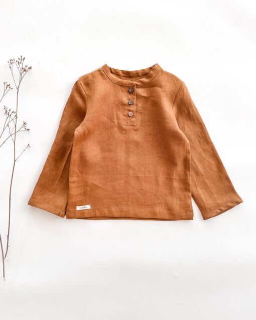 Sofortkauf: langarm Leinenshirt mit Knopfleiste in Zimt, Gr. 110/116