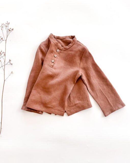Sofortkauf: langarm Leinenshirt mit Knopfleiste in Schoko, Gr. 98/104 – Bild 3