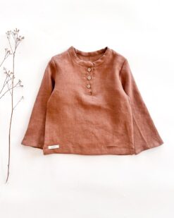 Sofortkauf: langarm Leinenshirt mit Knopfleiste in Schoko, Gr. 98/104
