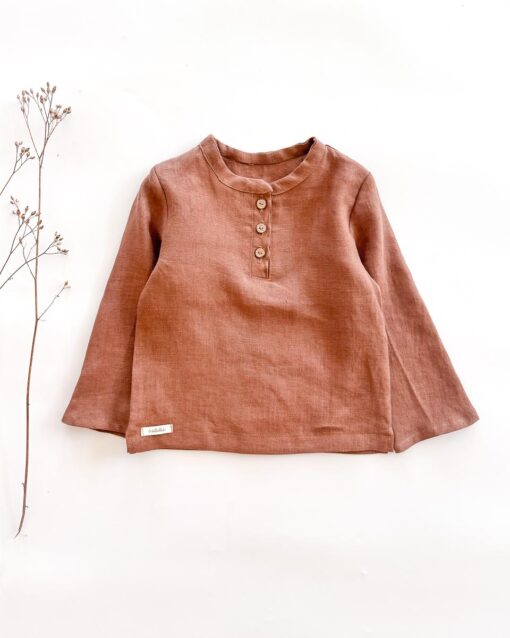 Sofortkauf: langarm Leinenshirt mit Knopfleiste in Schoko, Gr. 98/104