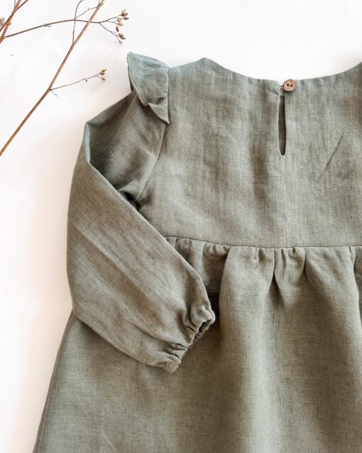 Sofortkauf: Leinenkleid langarm in Olive, Gr. 86/92 – Bild 4