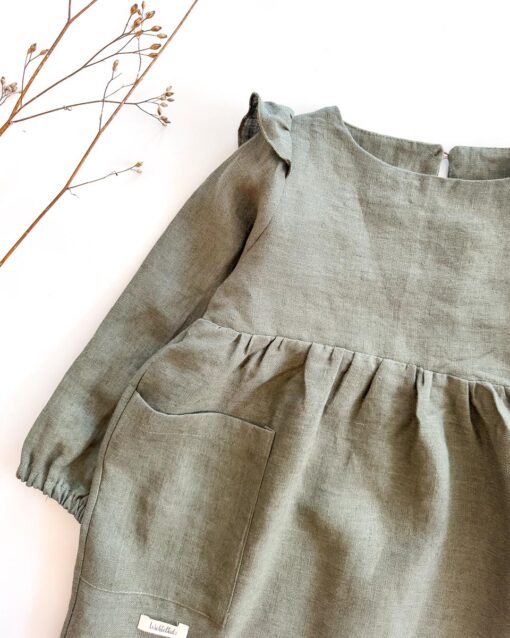 Sofortkauf: Leinenkleid langarm in Olive, Gr. 86/92 – Bild 2