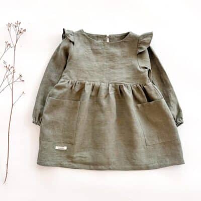 Sofortkauf: Leinenkleid langarm in Olive, Gr. 86/92