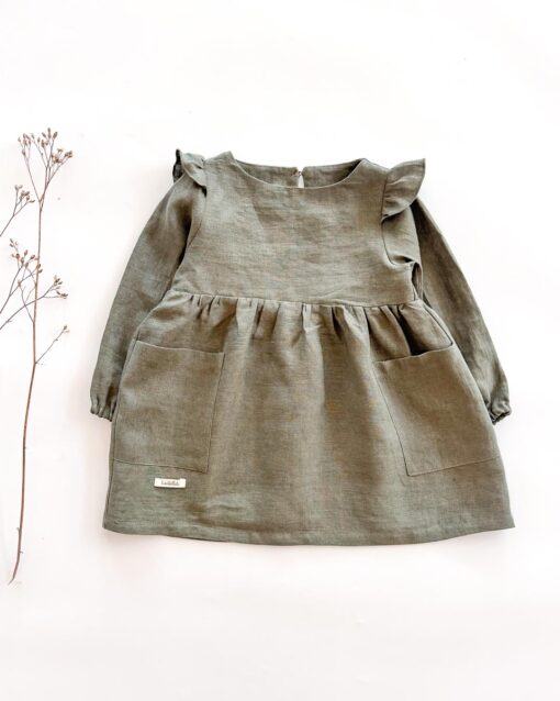 Sofortkauf: Leinenkleid langarm in Olive, Gr. 86/92