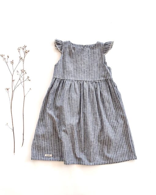 Sofortkauf: Leinenkleid mit Flügelärmeln in Blau Gestreift, Gr. 122/128