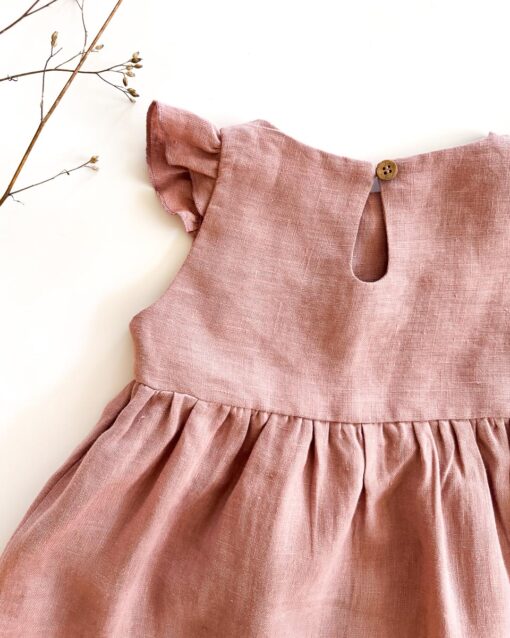 Sofortkauf: Leinenkleid mit Flügelärmeln in Altrosa, Gr. 86/92 – Bild 3