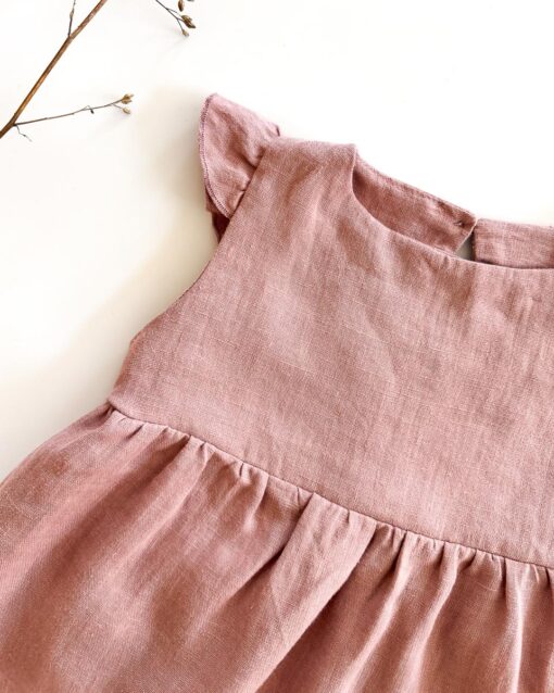 Sofortkauf: Leinenkleid mit Flügelärmeln in Altrosa, Gr. 86/92 – Bild 4