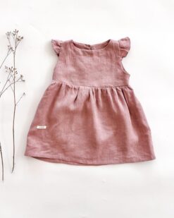 Sofortkauf: Leinenkleid mit Flügelärmeln in Altrosa, Gr. 86/92
