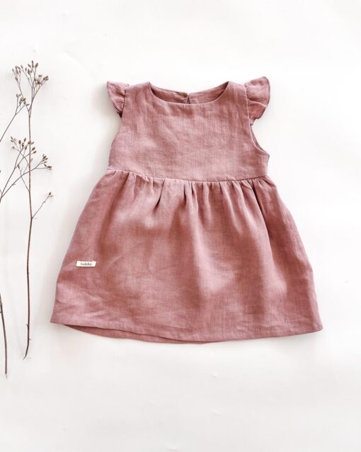 Sofortkauf: Leinenkleid mit Flügelärmeln in Altrosa, Gr. 86/92