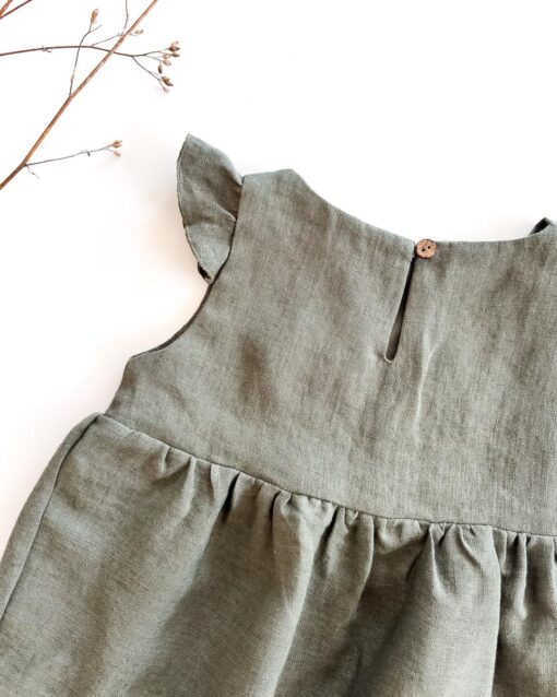 Sofortkauf: Leinenkleid mit Flügelärmeln in Olive, Gr. 86/92 – Bild 3