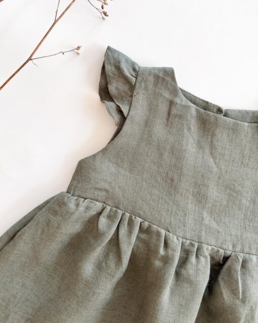 Sofortkauf: Leinenkleid mit Flügelärmeln in Olive, Gr. 86/92 – Bild 2