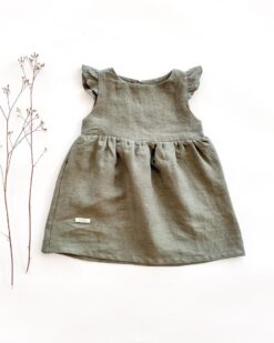 Sofortkauf: Leinenkleid mit Flügelärmeln in Olive, Gr. 86/92