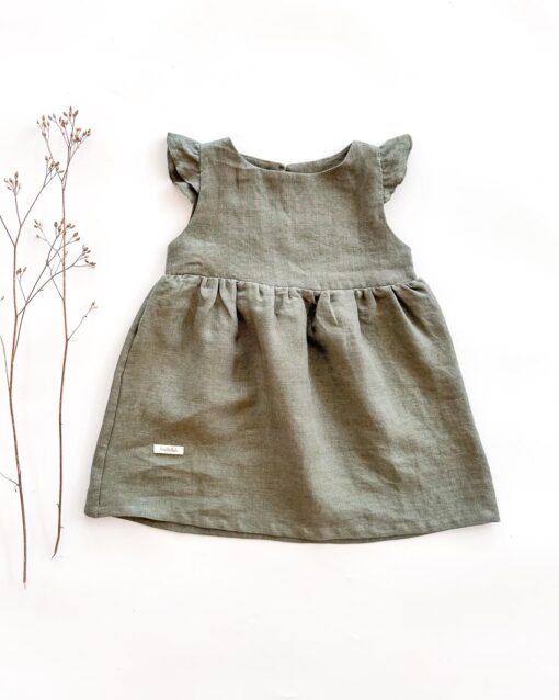 Sofortkauf: Leinenkleid mit Flügelärmeln in Olive, Gr. 86/92
