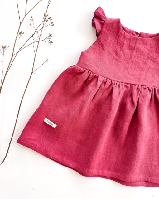 Sofortkauf: Leinenkleid mit Flügelärmeln in Himbeere, Gr. 74/80 – Bild 3