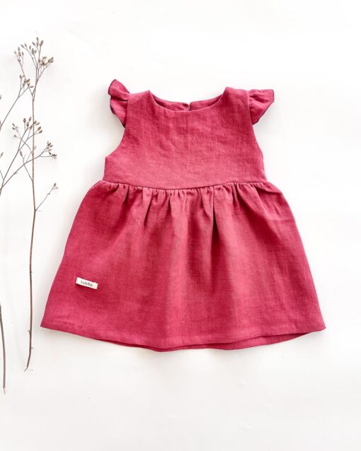 Sofortkauf: Leinenkleid mit Flügelärmeln in Himbeere, Gr. 74/80