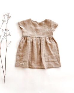 Sofortkauf: Leinenkleid mit kurzen Ärmeln und Taschen in Sand, Gr. 74/80