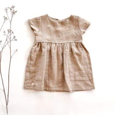 Sofortkauf: Leinenkleid mit kurzen Ärmeln und Taschen in Sand, Gr. 74/80