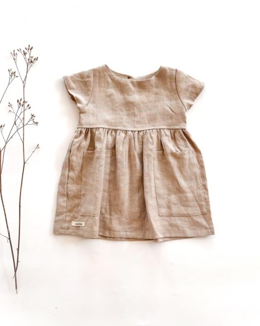 Sofortkauf: Leinenkleid mit kurzen Ärmeln und Taschen in Sand, Gr. 74/80