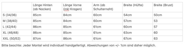 Maße Damenmantel Tabelle Abmessung Maßtabelle Walkmantel für Damen