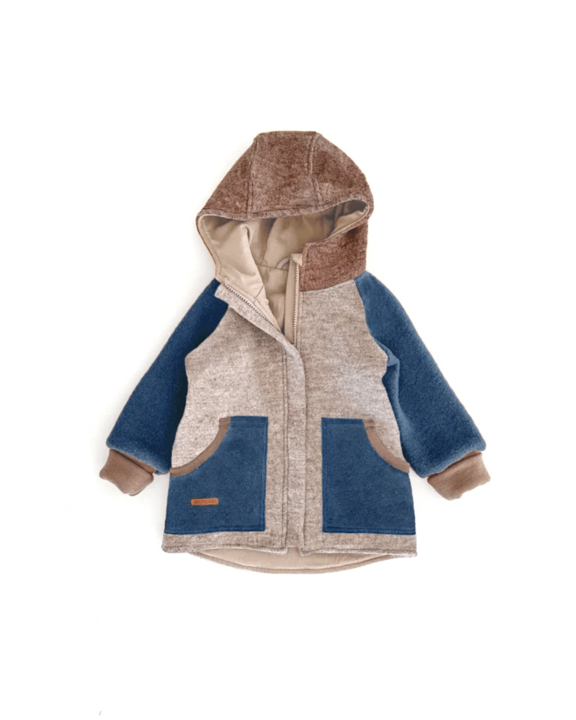 Sofortkauf: Colorblock Walkjacke mit runder Kapuze, Gr. 104/110 Sand Meliert/Rauchblau/Schlamm