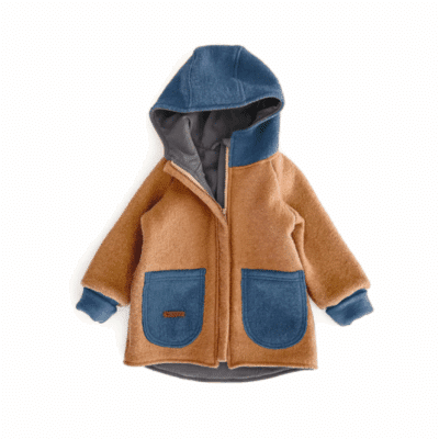 Sofortkauf: Colorblock Walkjacke mit SPITZER Kapuze , Gr. 80/86 Camel/Rauchblau/Anthrazit