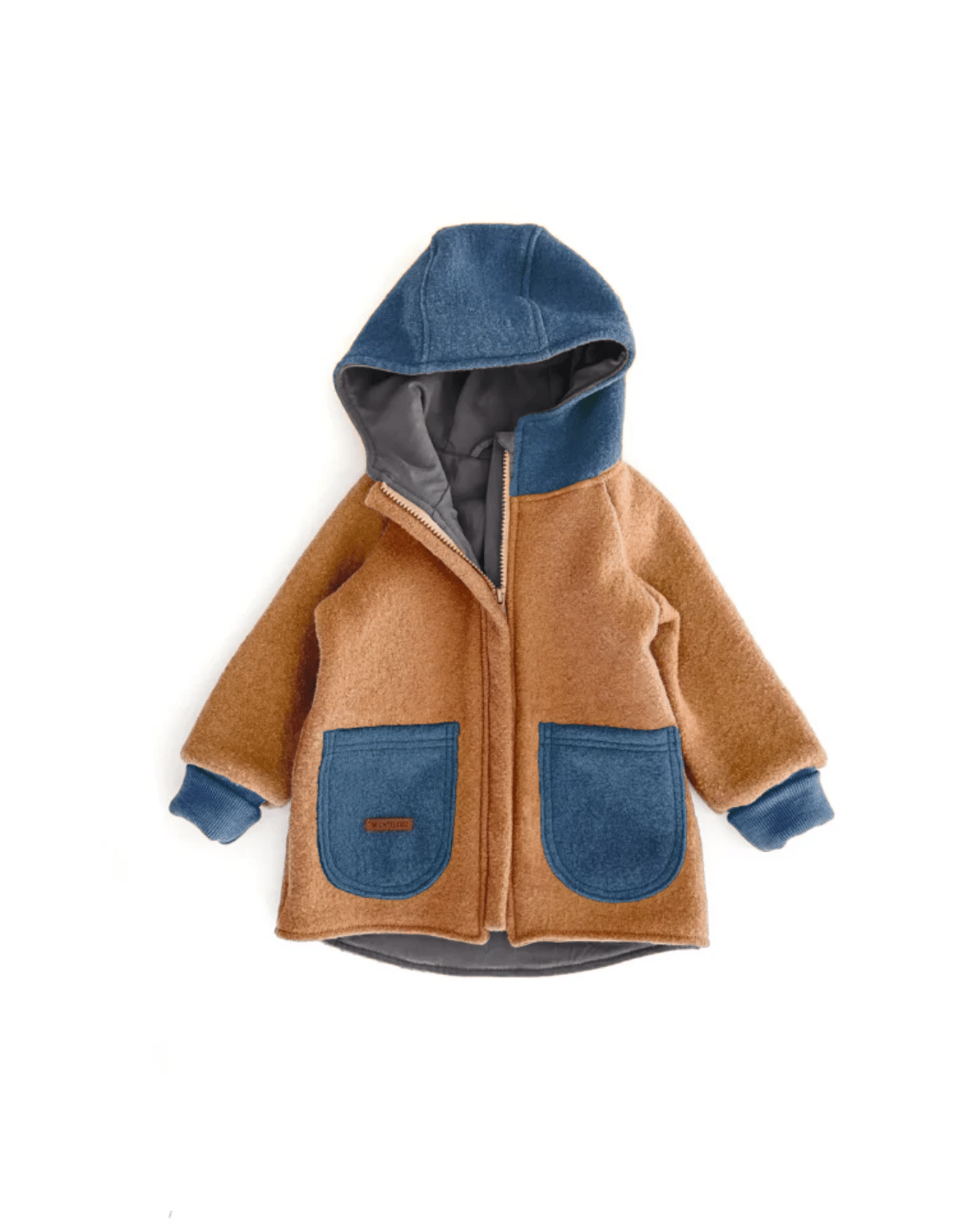 Sofortkauf: Colorblock Walkjacke mit SPITZER Kapuze , Gr. 80/86 Camel/Rauchblau/Anthrazit