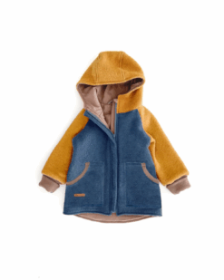 Sofortkauf: Colorblock Walkjacke mit SPITZER Kapuze , Gr. 122/128 Rauchblau/Senf/Schlamm