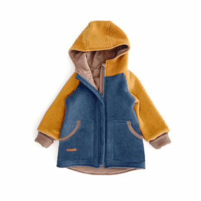 Sofortkauf: Colorblock Walkjacke mit SPITZER Kapuze , Gr. 122/128 Rauchblau/Senf/Schlamm