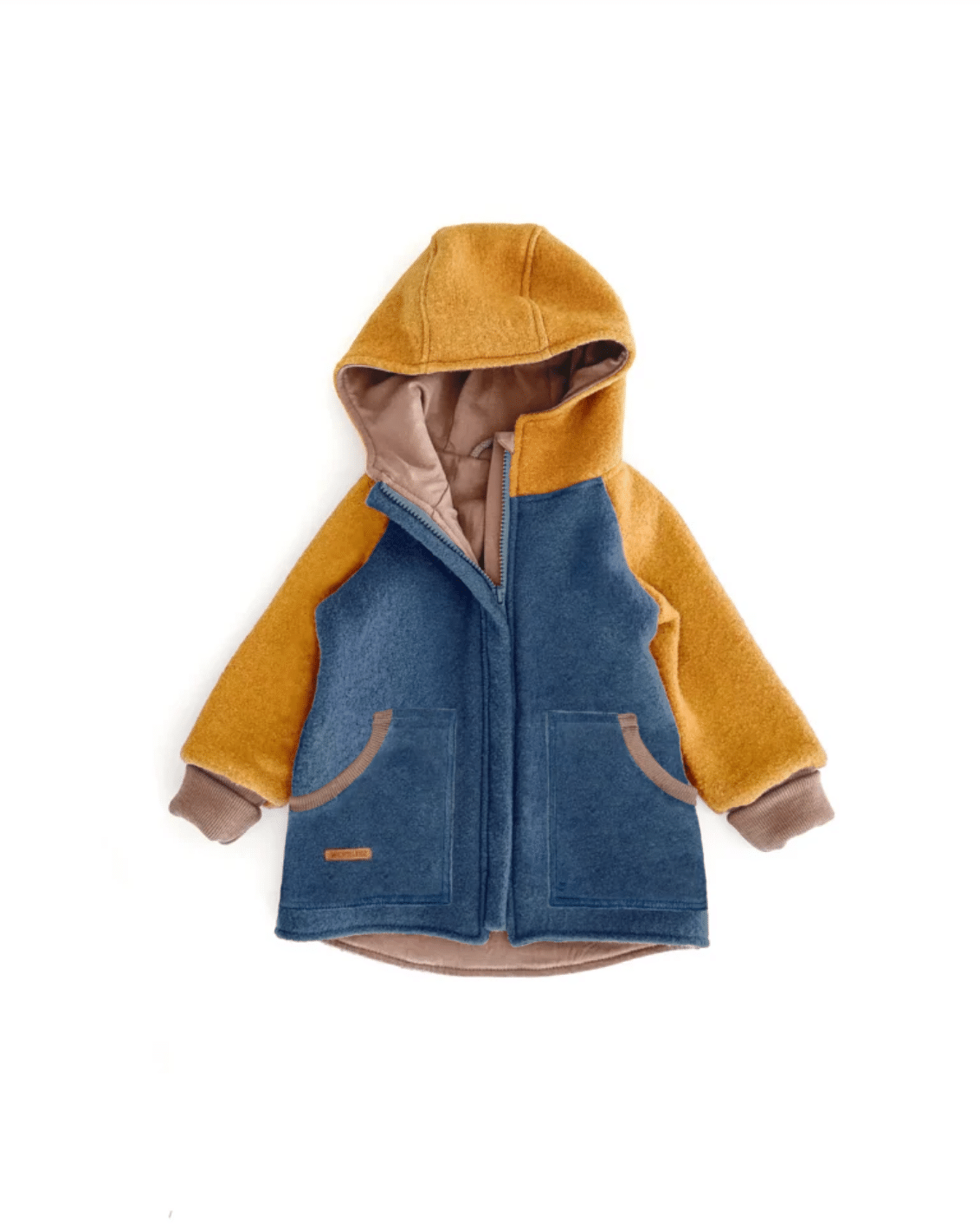 Sofortkauf: Colorblock Walkjacke mit SPITZER Kapuze , Gr. 122/128 Rauchblau/Senf/Schlamm