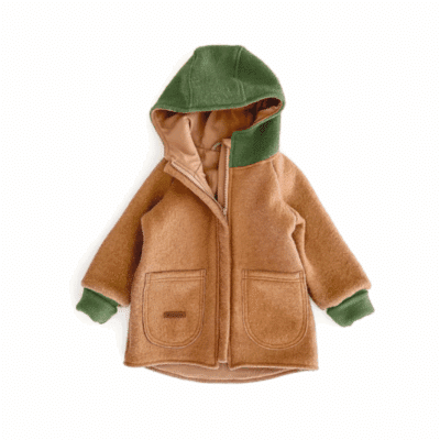 Sofortkauf: Colorblock Walkjacke mit SPITZER Kapuze , Gr. 80/86 Camel/Tanne
